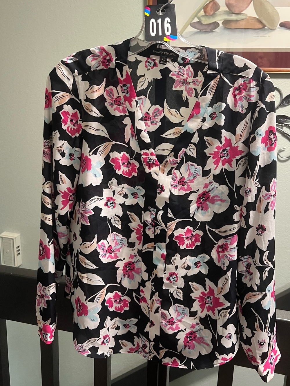 Banana Republic Black Blouse with Pink & White Floral Print #MC016